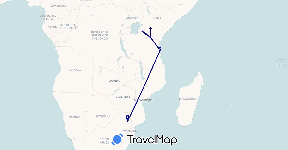 TravelMap itinerary: driving in Kenya, Tanzania, South Africa (Africa)